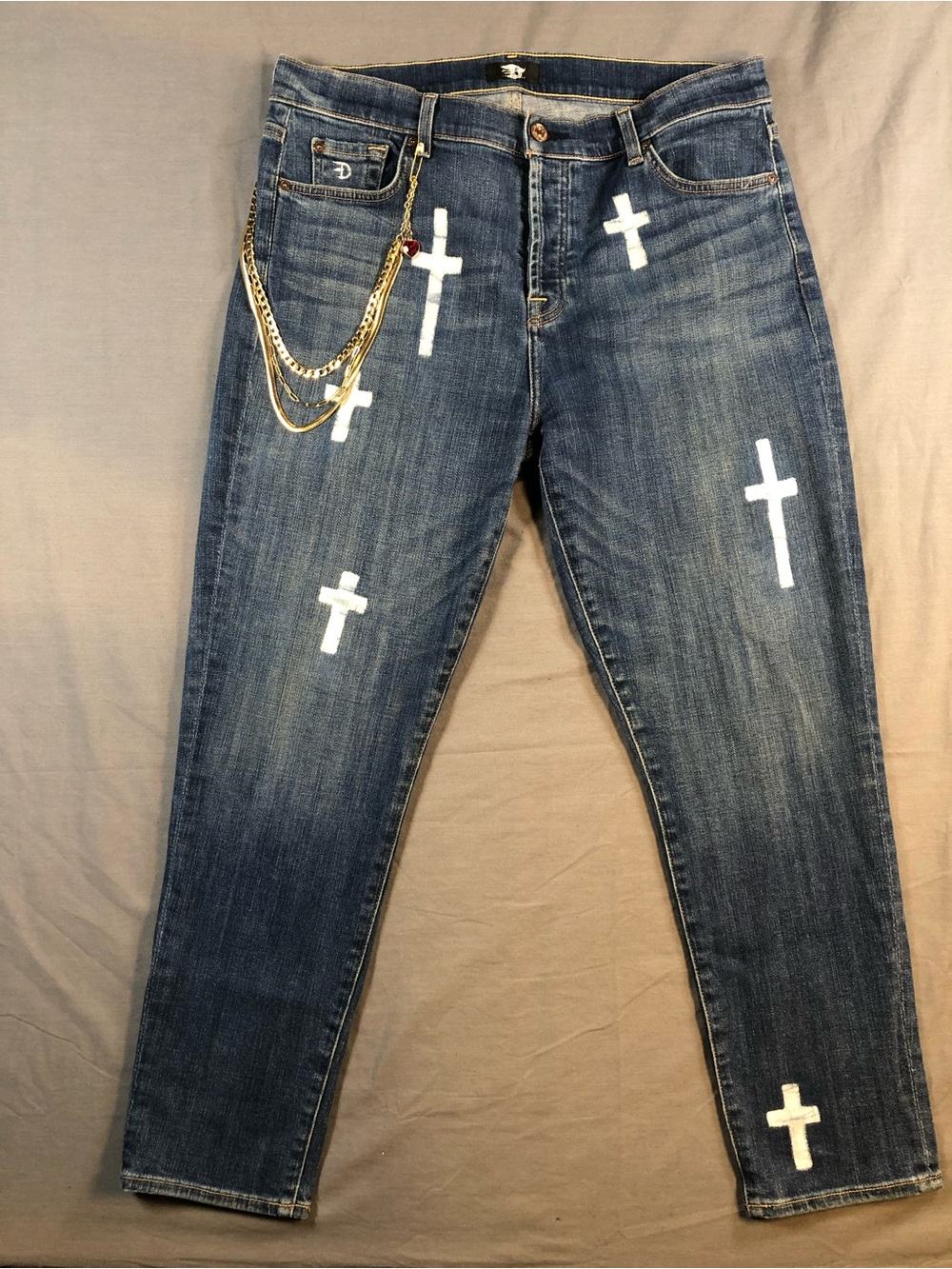 Custom Painted Men's Blue Jeans with White Cross Detail for Denim Frankenstein